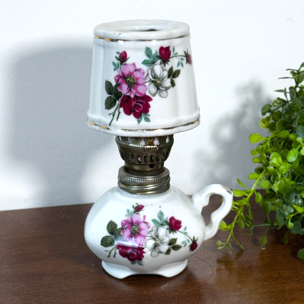 Vintage Porcelain Mini Oil Lamp Floral Pattern 6” Pink Flowers